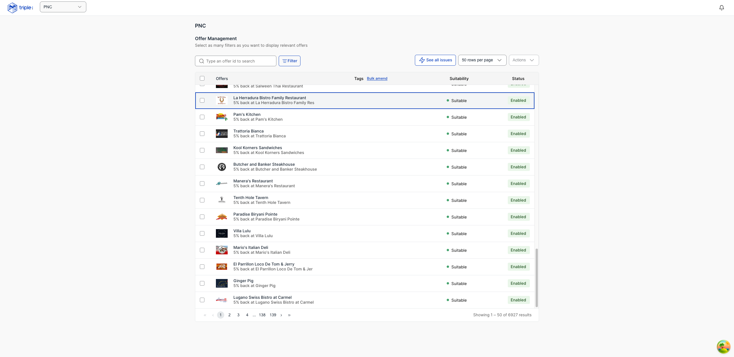 Offer listing view with search and filtering Triple OMS offer management view